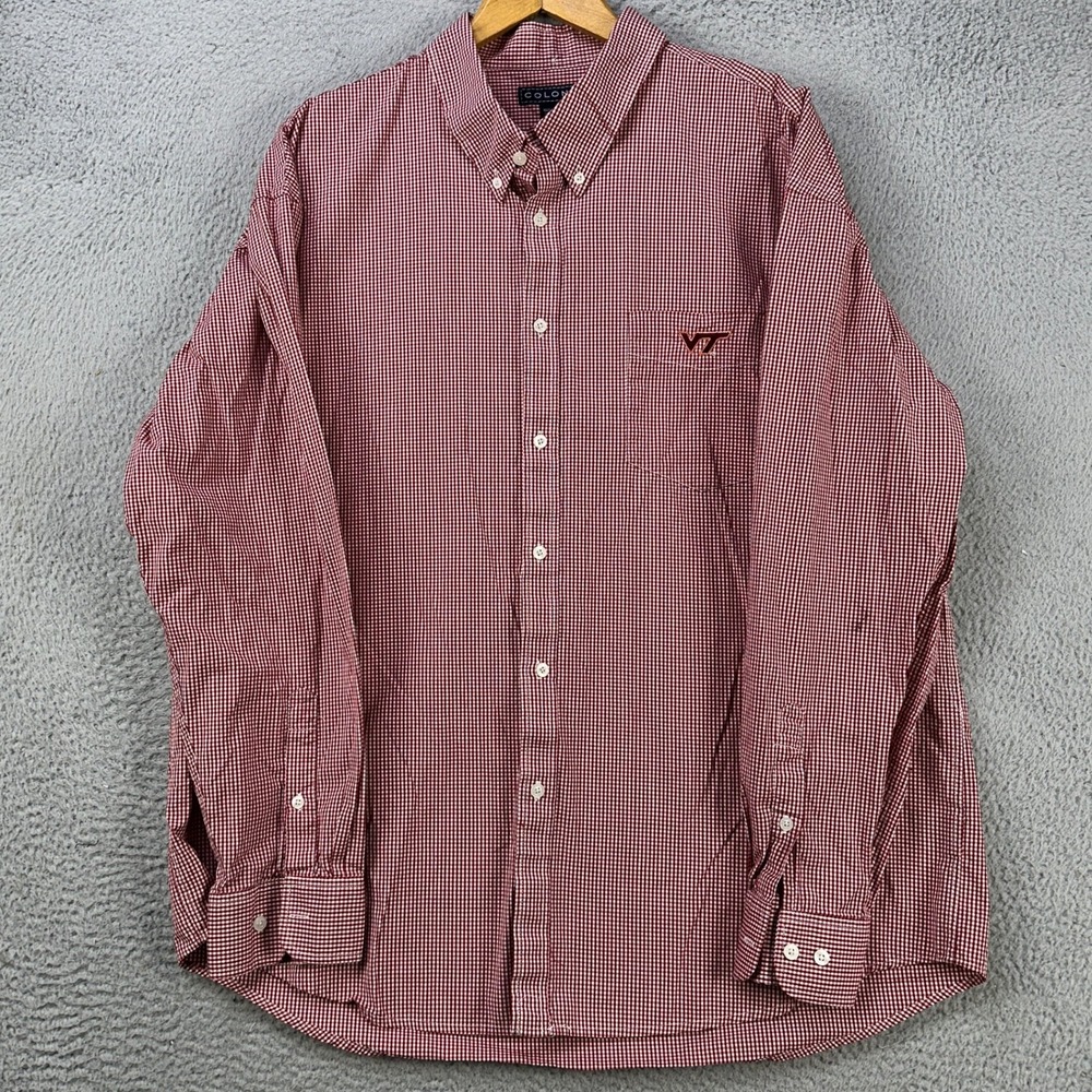 Virginia Tech Shirt Button Down Men 2XL Red White Long Sleeve Pocket Logo Colony